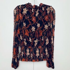 Joie Blouse Sheer Lined, High Collar, Long Sleeves, Black, Brown, Orange, Size S